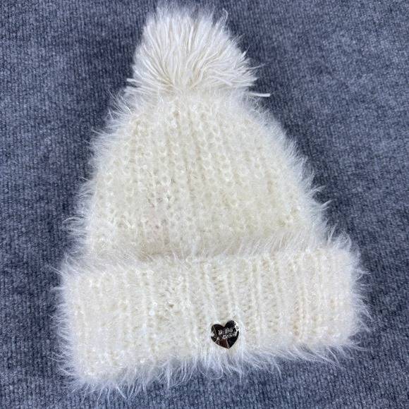 Betsey Johnson Cream Fuzzy Sequin Beanie Hat Pom Pom Metal Heart Logo Detail - Picture 2 of 4